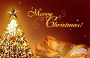 A Christmas postcard with a decorated Christmas tree